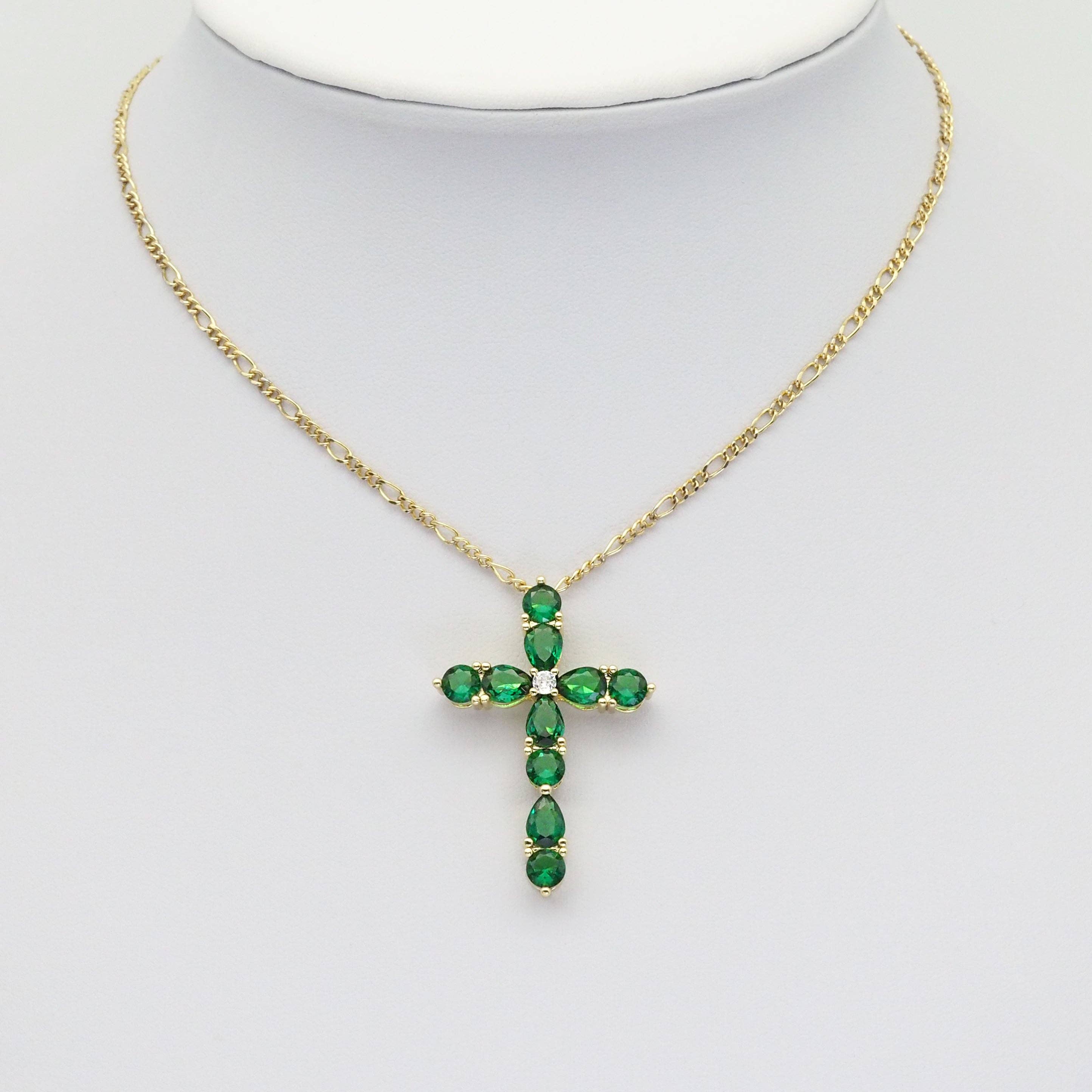 Green Teardrop CZ Gold Cross Charm, Sku#LX356