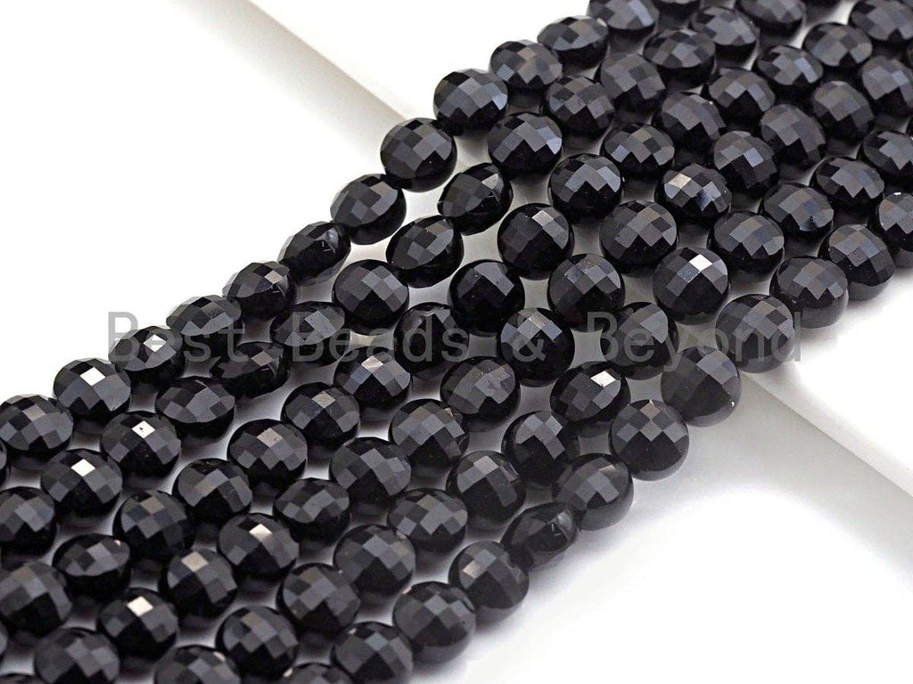 Double Sided Turtle Shell Cut Black Onyx Coin Shape beads, 6mm/8mm/10mm Checkerboard Cut Black Onyx Beads, 16" Full strand, Sku#U693