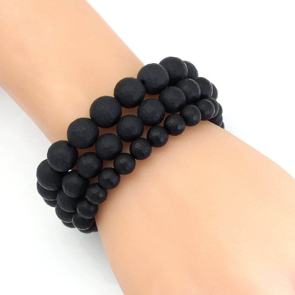 Matt Black Onyx Round Faceted Stretchy Bracelet, Sku#EF406