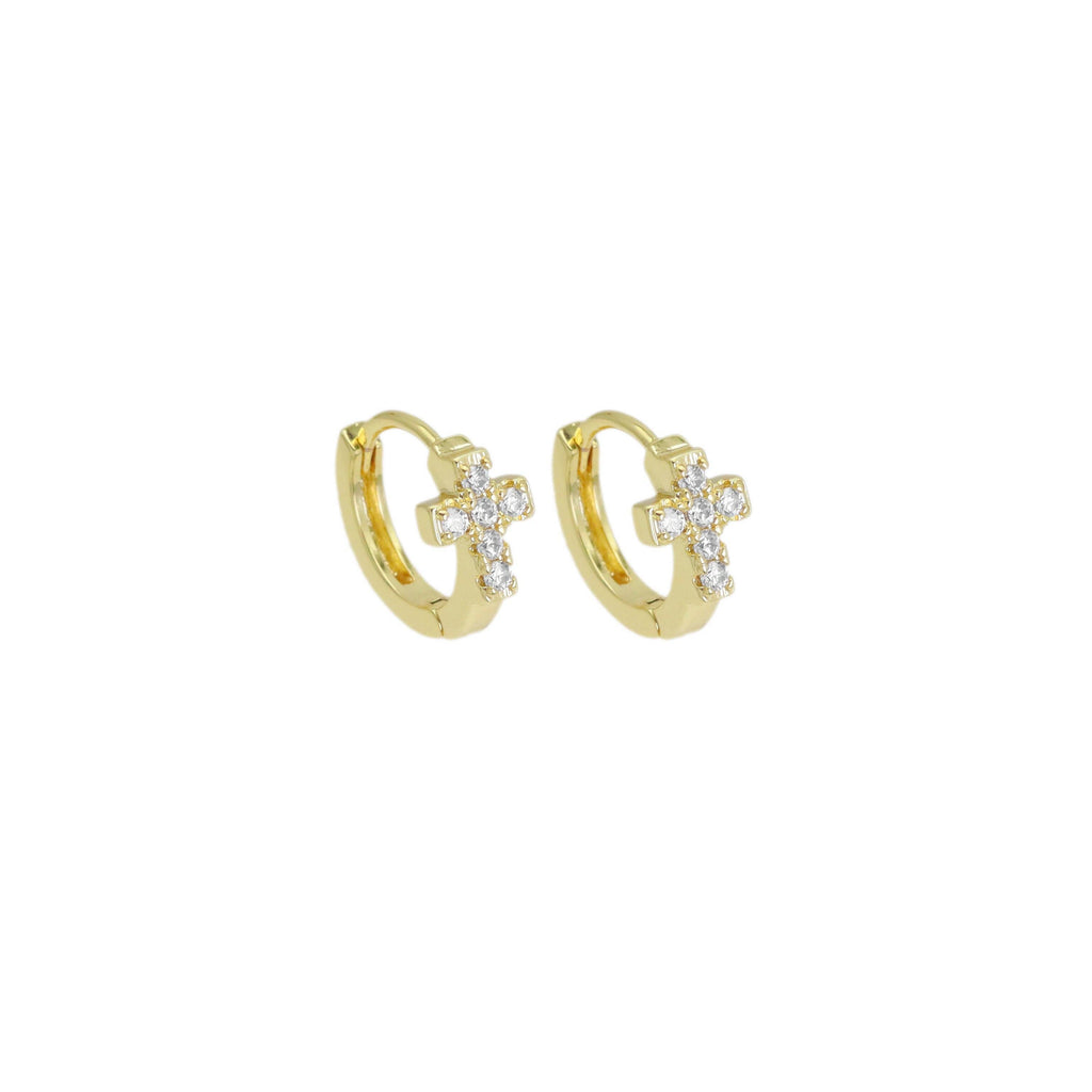 CZ Gold Cross Huggie Earrings, Sku#ZX180