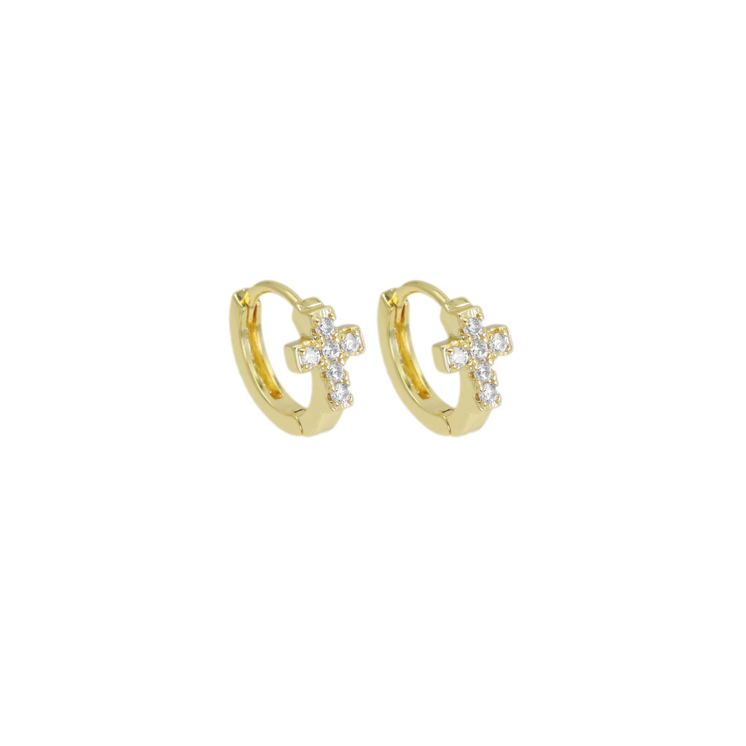 CZ Gold Cross Huggie Earrings, Sku#ZX180