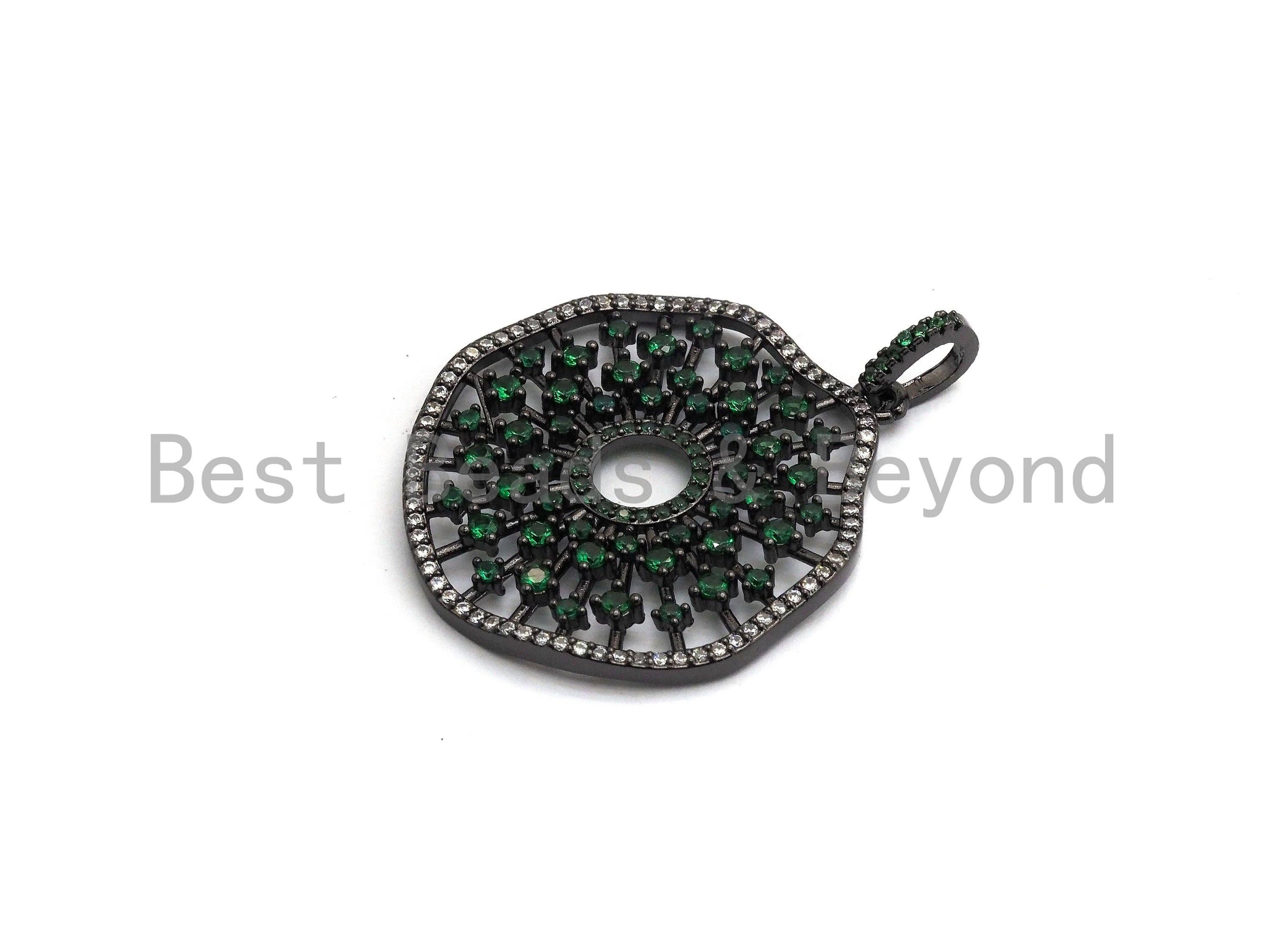 CZ Micro Pave Donut Cobalt/Fuchsia/Green/Black Filigree Hollow Out Flower Pendant, CZ Pave Focal Pendant, 35x33mm sku#F638