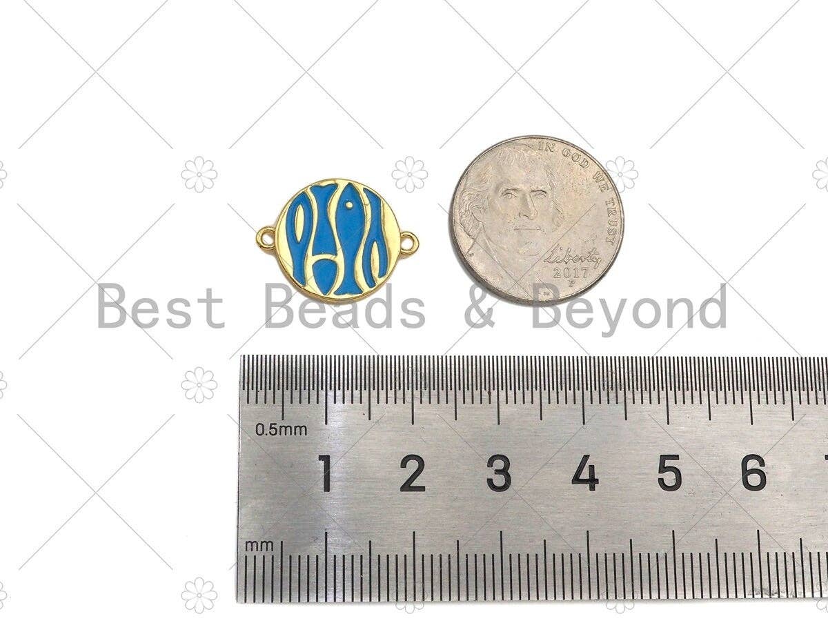 Enamel Turquoise Blue Fish Shape On Round Coin Connector,Dainty Gold Round Connector,Enamel Jewelry,19x15mm,Sku#Y420