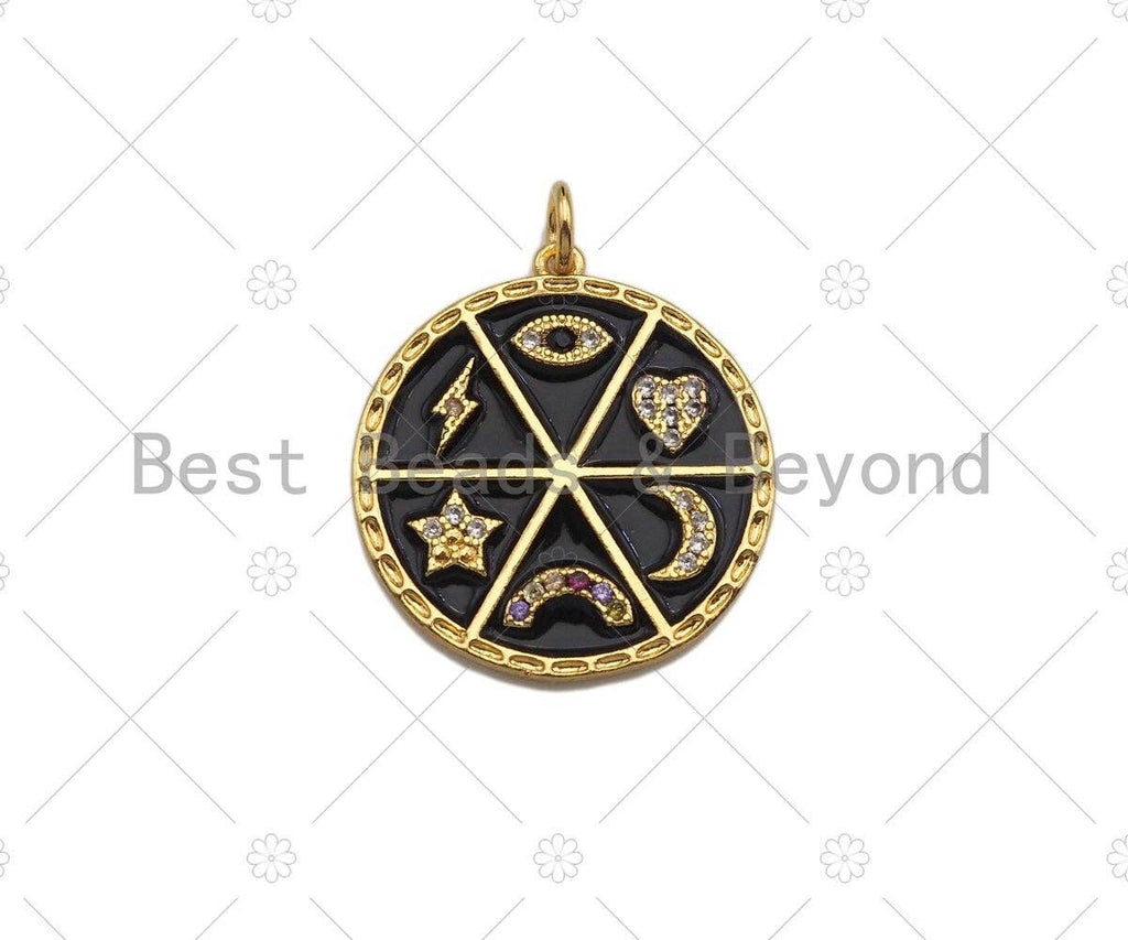 CZ Pave CZ Black Enamel Moon Star Heart Eye Rainbow Charms Pendant, Enamel Pendant,Round Enamel jewelry Findings, 22mm,sku#Z1212