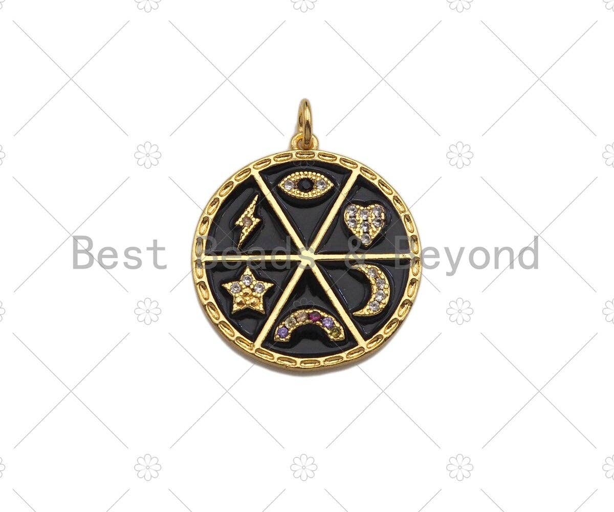 CZ Pave CZ Black Enamel Moon Star Heart Eye Rainbow Charms Pendant, Enamel Pendant,Round Enamel jewelry Findings, 22mm,sku#Z1212