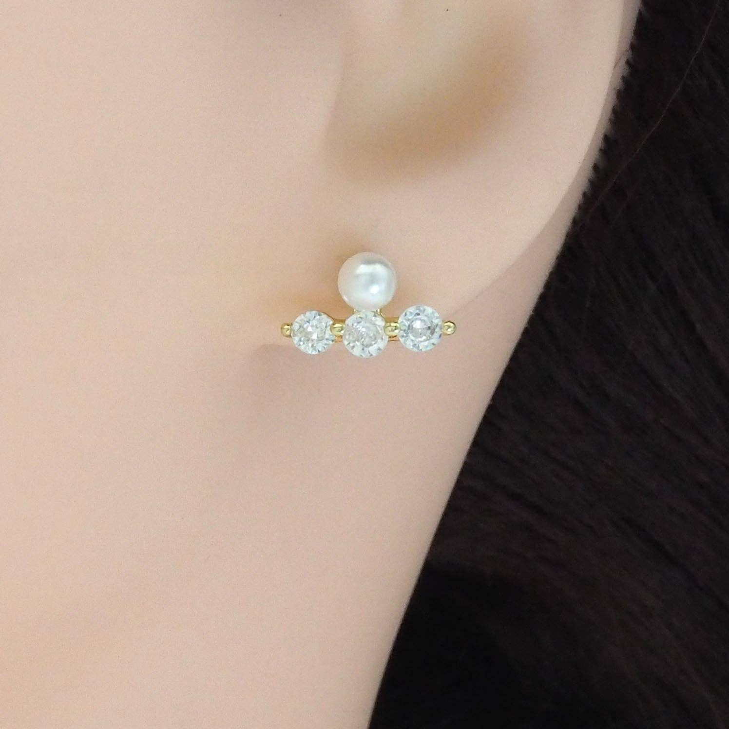 Pearl Gold Clear CZ Bar Stud Earrings, Sku#LD477