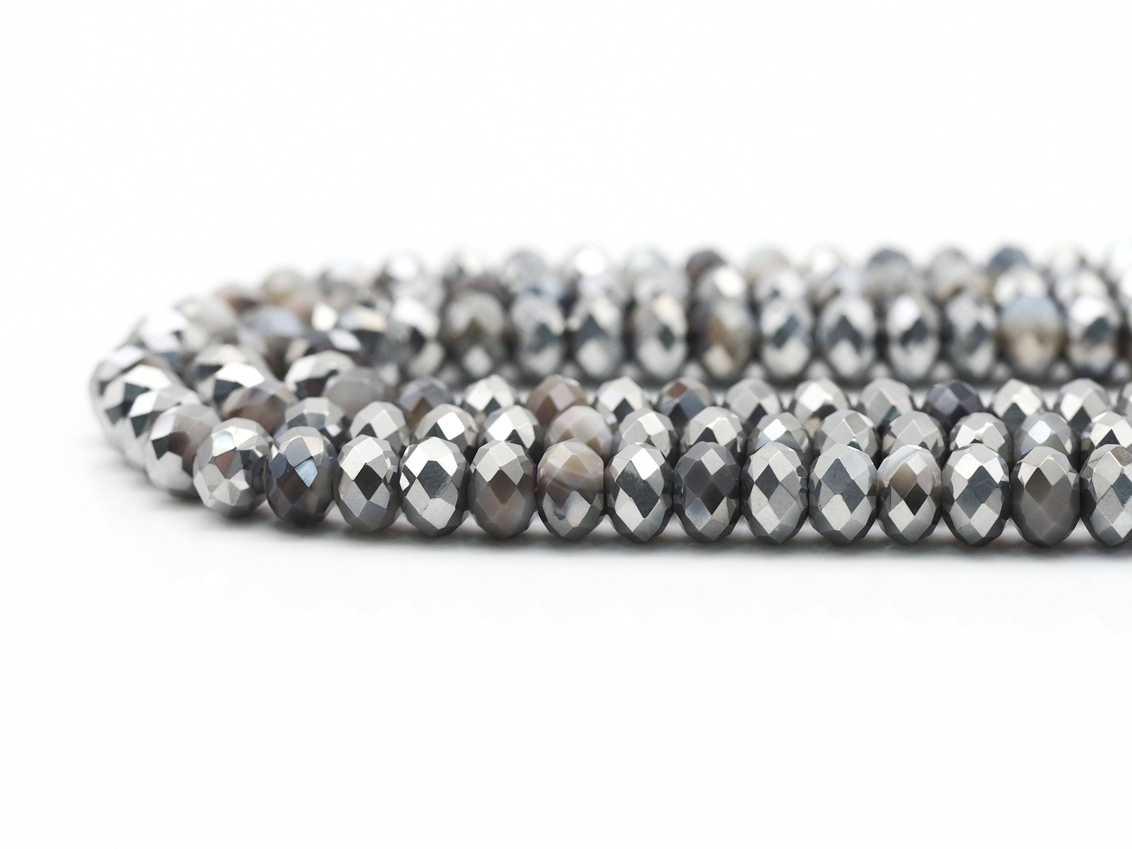 Half Silver Plated Natural Brown Banded Agate Rondelle Faceted Beads, Sku#UA284
