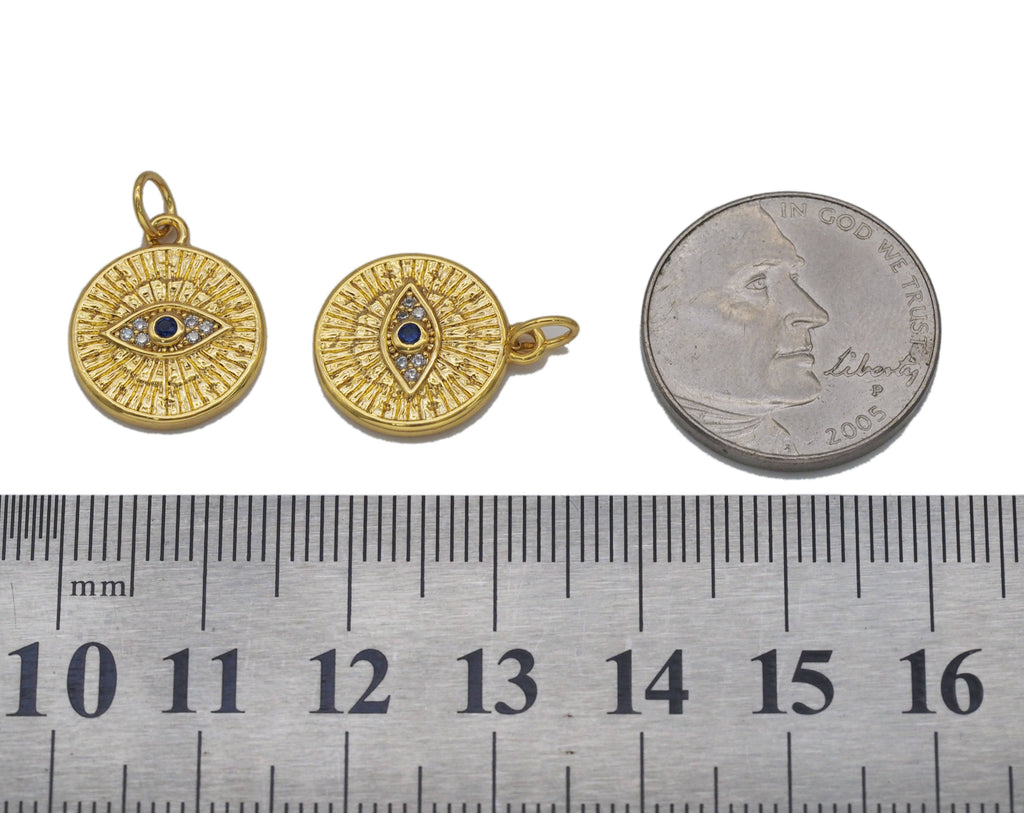 Blue CZ Evil Eye Round Coin Charm, Sku#Y742