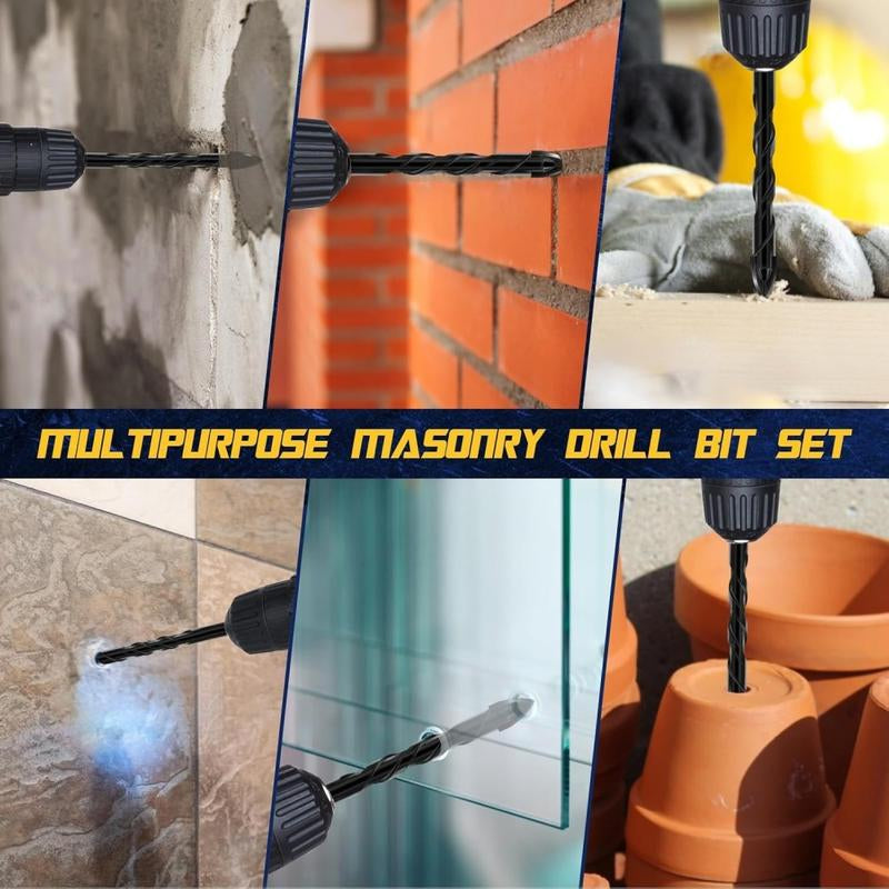 Masonry Spiral Drill Bit Set, Concrete Drill Bit Set for Tile, Brick, Glass, Plastic and Wood, Tungsten Carbide Tip for Ceramic Tile, Wall Mirror, Paver on Concrete or Brick Wall
