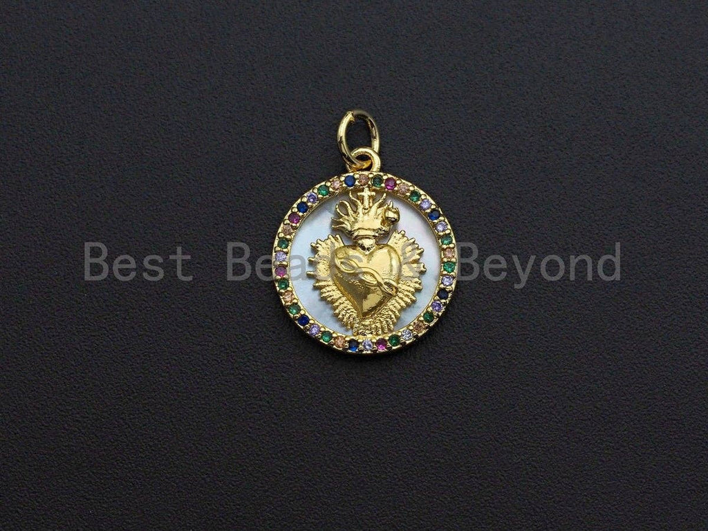 Colorful CZ Micro Pave Heart on Mother-of-pearl Pendant Charm, Cubic Zirconia Charm, 16x18mm,sku#Z844