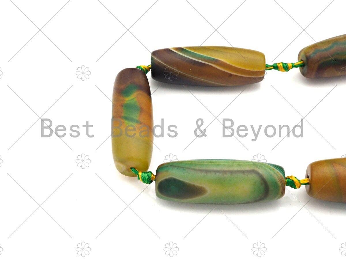 Natural Matt Green Brown Agate Barrel Spacer Beads, Tibetan