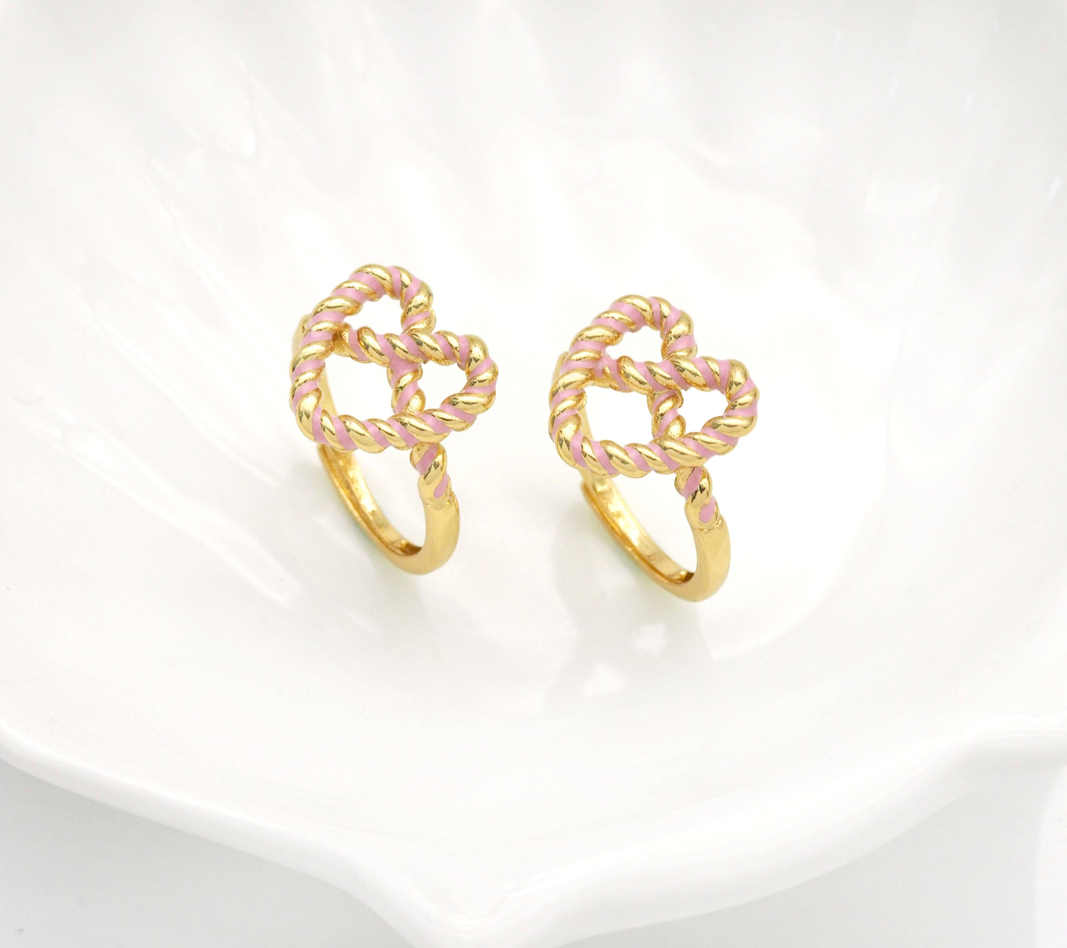 Gold Enamel Pink Twist Heart Adjustable Ring, Sku#B338