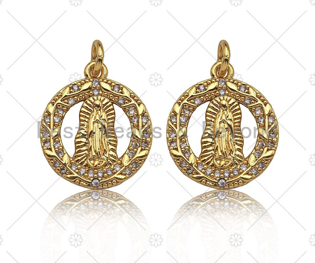 Gold Filled CZ Micro Pave Virgin Mary On Garland Shape Pendant, 18K Gold Virgin Mary Charm, Necklace Bracelet Pendant, 15x18mm, Sku#Y438