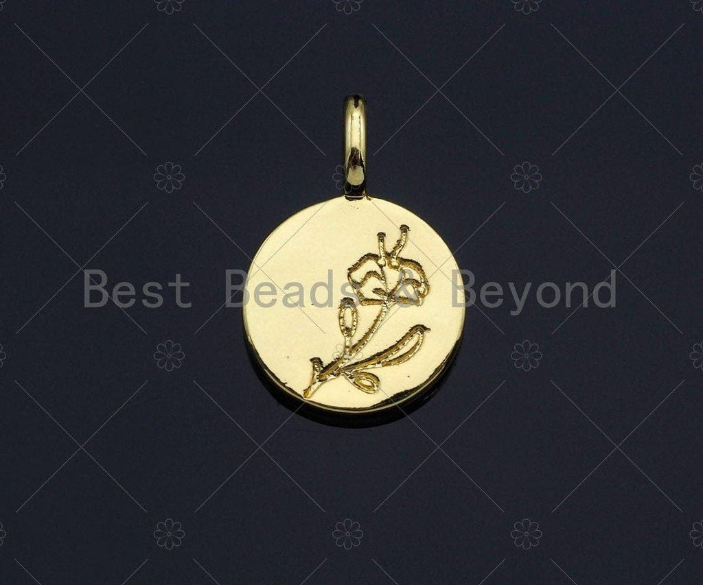 18k Shiny Gold Rose Flower On Round Coin Charms, Dainty Gold Charms, Flower Pendant, Gold Pendant, Round Necklace Charms, 12x18mm, Sku#Z1175