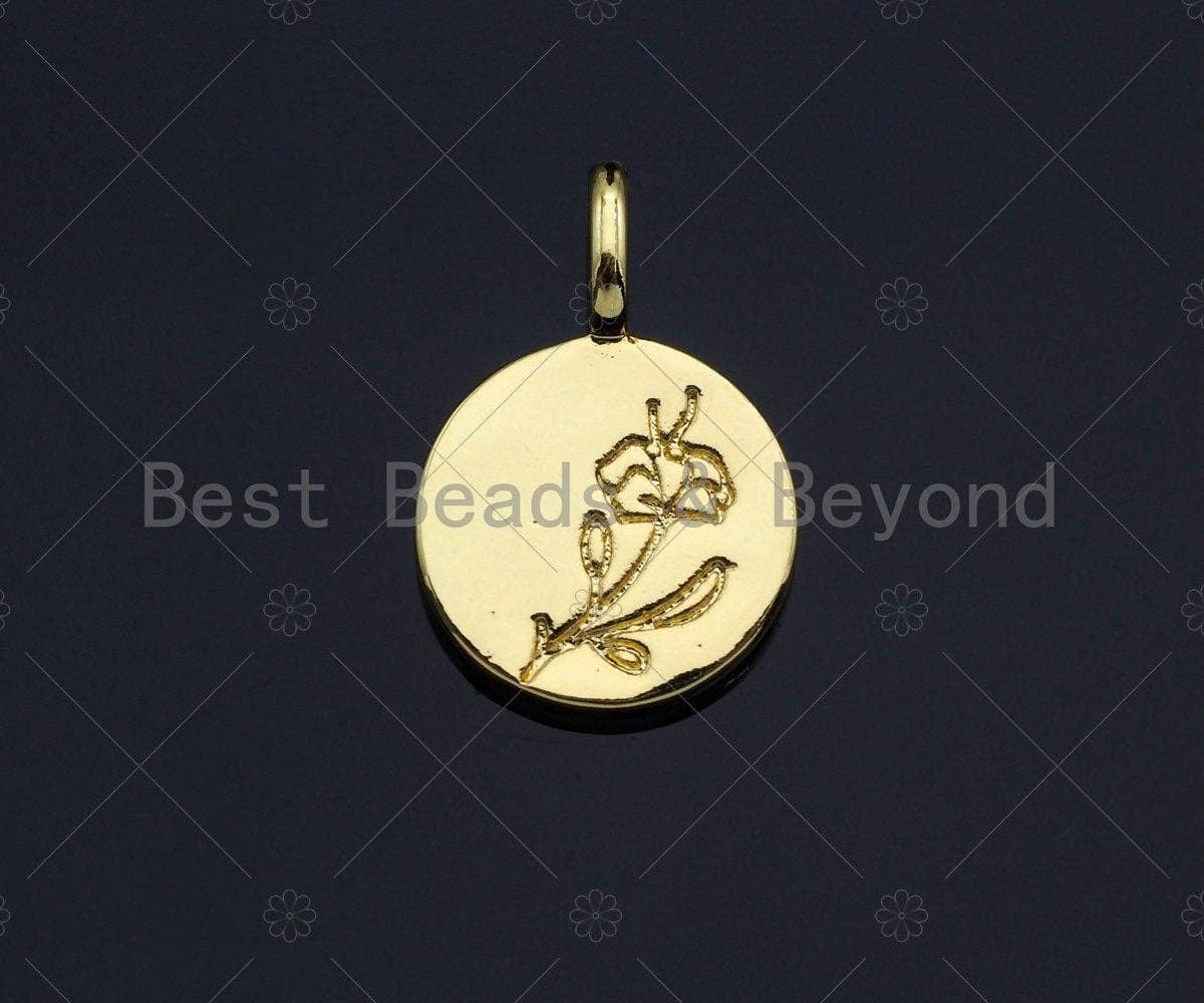 18k Shiny Gold Rose Flower On Round Coin Charms, Dainty Gold Charms, Flower Pendant, Gold Pendant, Round Necklace Charms, 12x18mm, Sku#Z1175