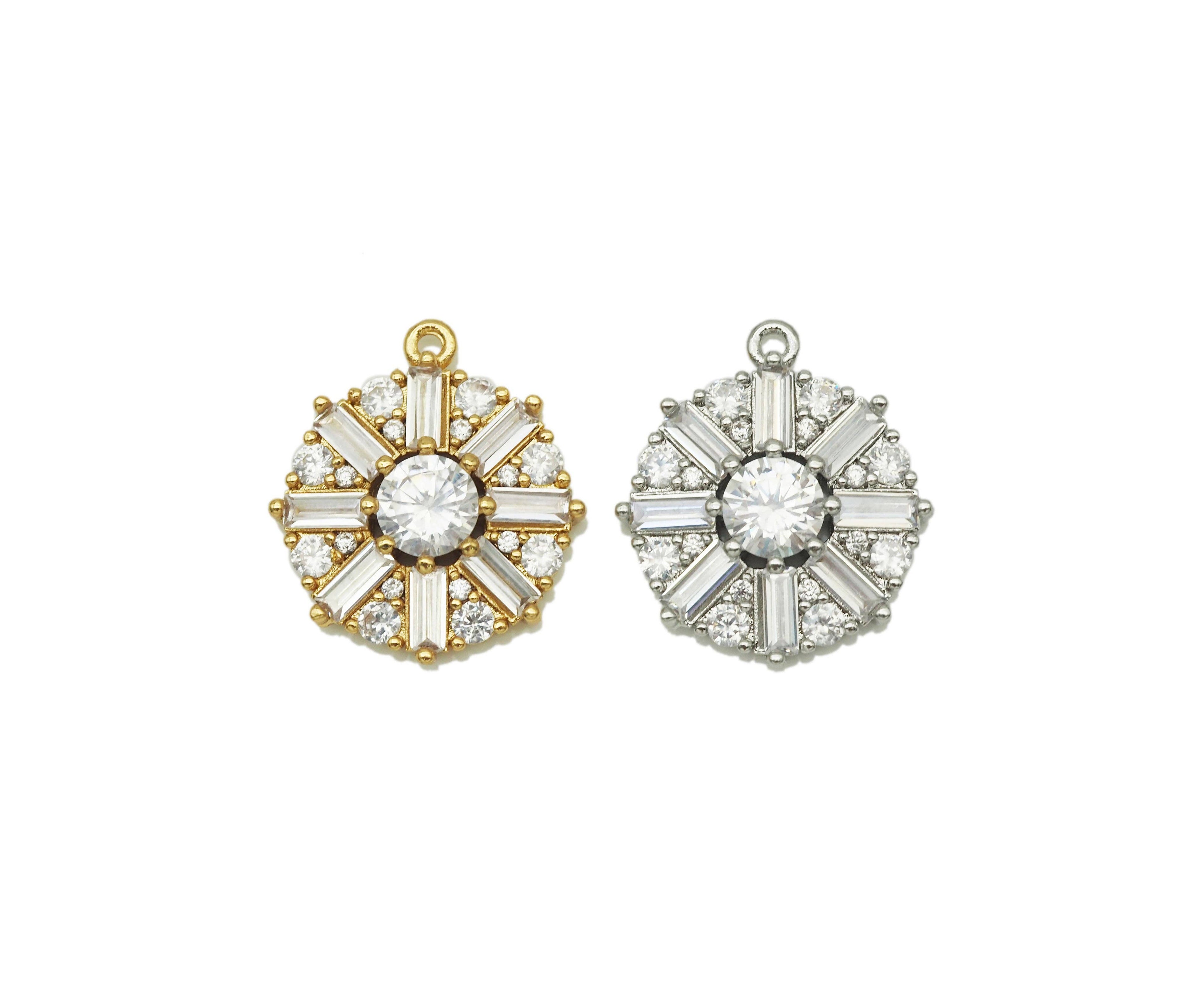 Baguette CZ flower coin charm, Big CZ center Coin Charm, Sku#B160