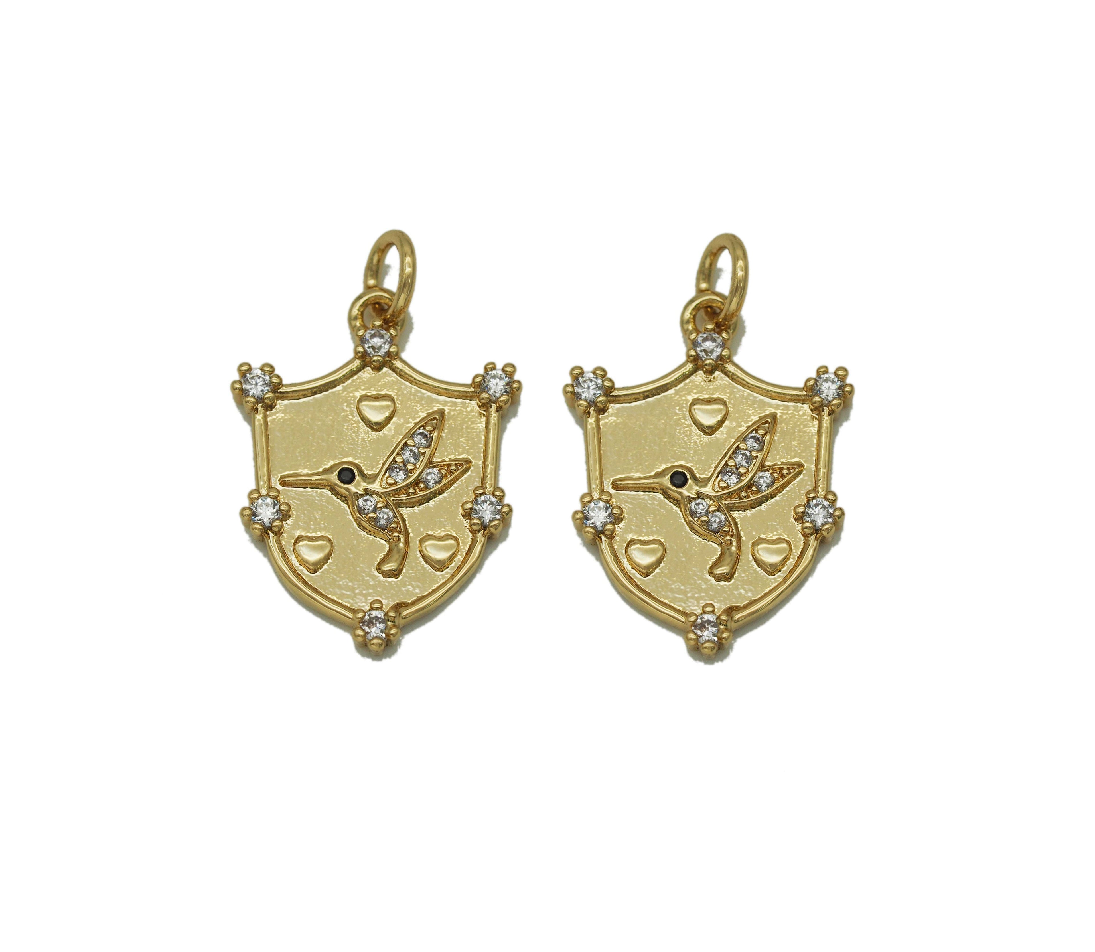 CZ Bird On Gold Shield Charm, Sku#F1495