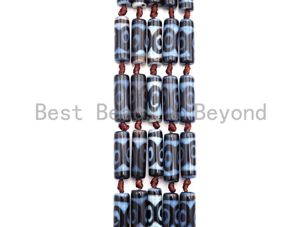 1pc/10pc Natural Tibetan Agate Cylinder Spacer Beads, 10x30mm Blue Black Brown Dzi Eye Spacer Beads, Tibetan Dzi Beads, sku#U864