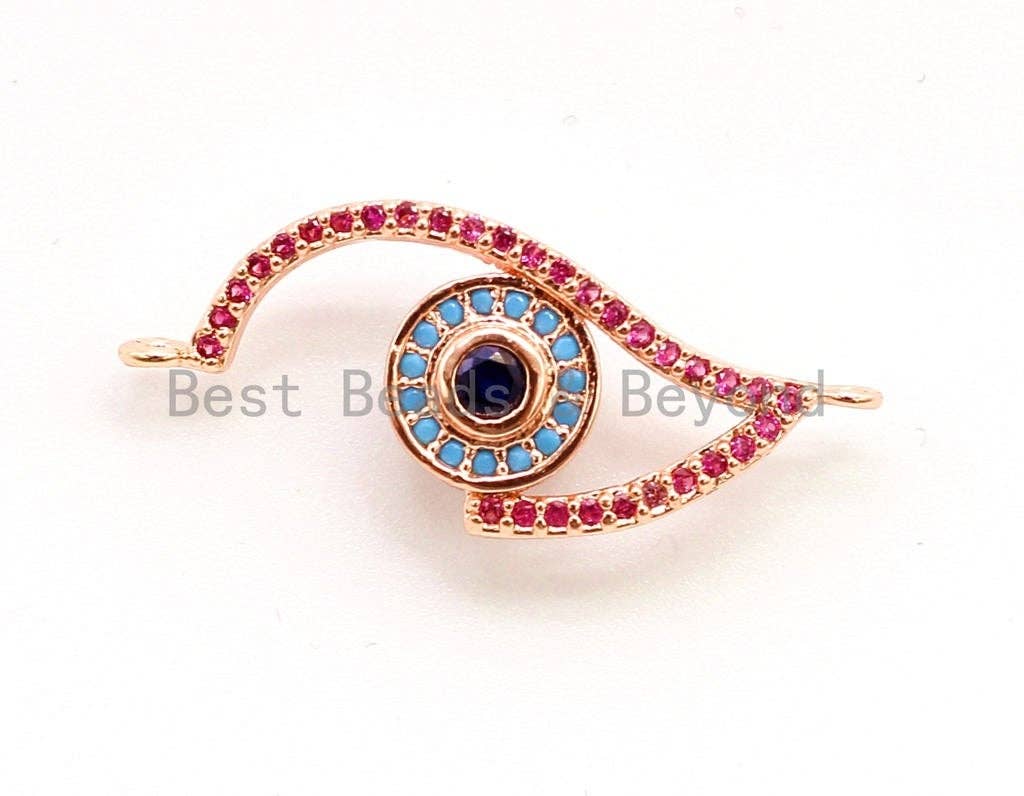 CZ Micro Pave Fuchisa Half Evil Eye Connector for Bracelet/Necklace, Cubic Zirconia Space Connector, Jewelry Findings,11x30mm, sku#E23C