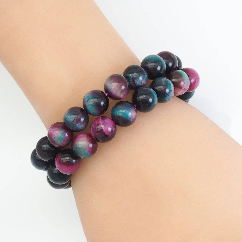 Fuchsia Blue Tiger Eye Round Stretchy Bracelet, Sku#EF435