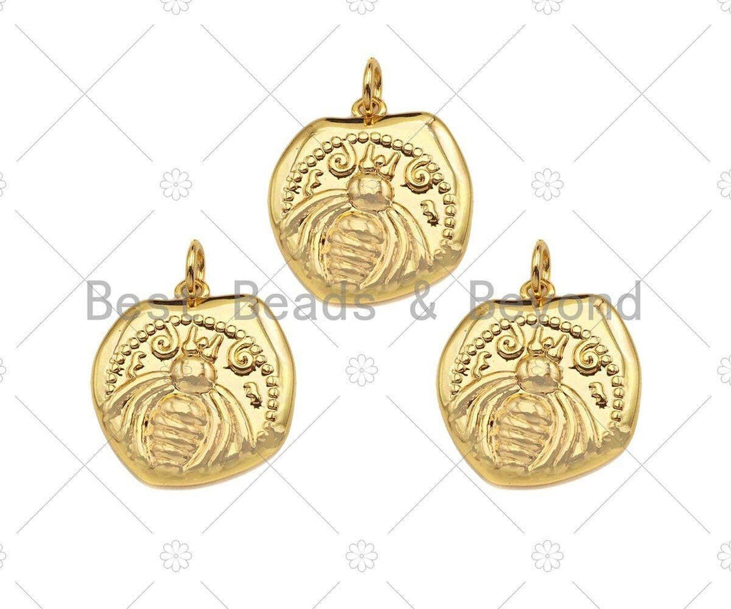 18k Dainty Gold Bee On Slab Charms, Dainty Charms, Gold Pendant, Bee Necklace Charms, 18x19mm, Sku#Y381