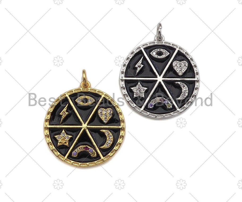 CZ Pave CZ Black Enamel Moon Star Heart Eye Rainbow Charms Pendant, Enamel Pendant,Round Enamel jewelry Findings, 22mm,sku#Z1212