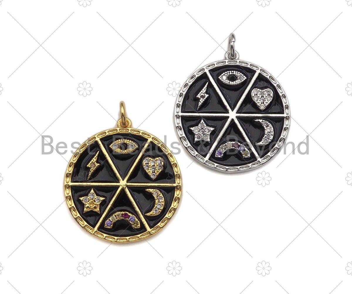 CZ Pave CZ Black Enamel Moon Star Heart Eye Rainbow Charms Pendant, Enamel Pendant,Round Enamel jewelry Findings, 22mm,sku#Z1212