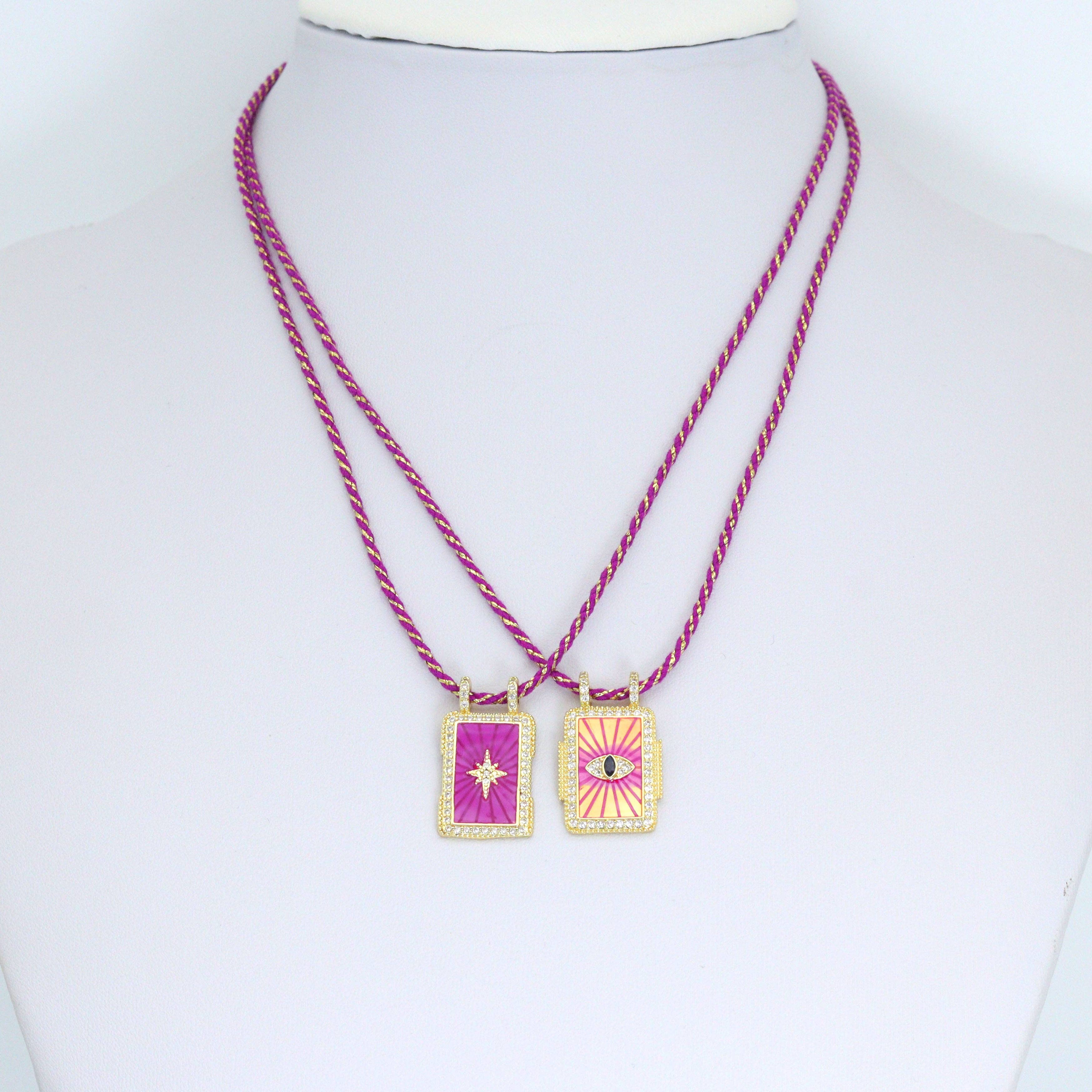 Clear CZ Fuchsia Orange North Star Evil Eye On Rectangle Charm Pendant, Sku#FH240