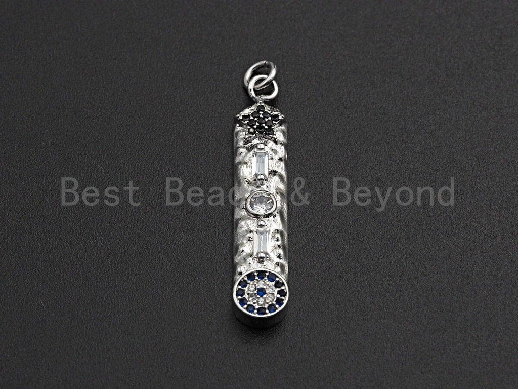 CZ Micro Pave Five Star Evil eye on Long Bar Pendant,Cubic Zirconia Charm, Silver/Gold Pendant,7x36mm,sku#Z524