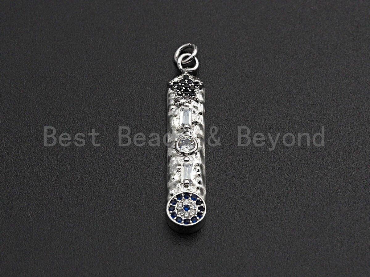CZ Micro Pave Five Star Evil eye on Long Bar Pendant,Cubic Zirconia Charm, Silver/Gold Pendant,7x36mm,sku#Z524