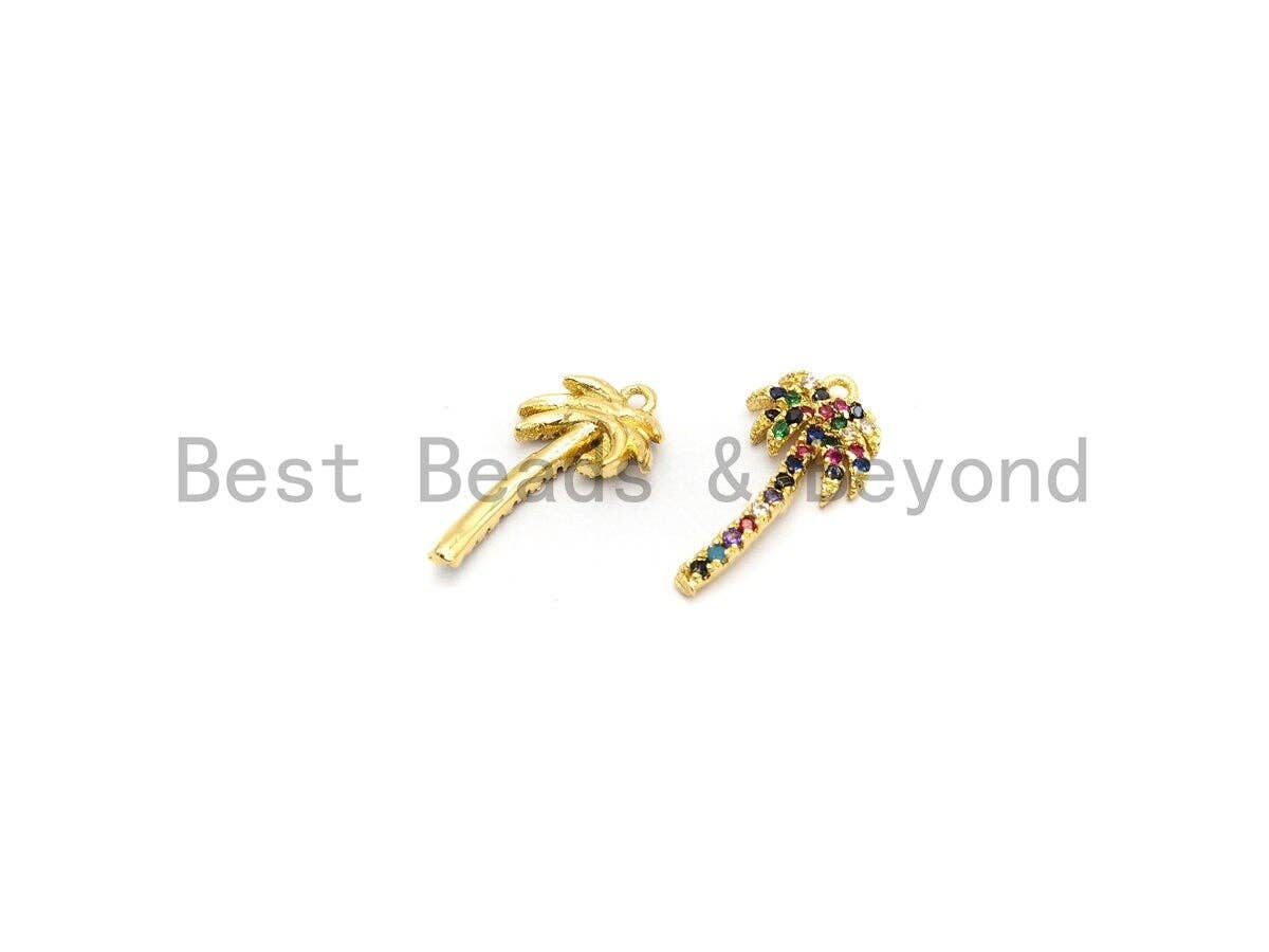 CZ Micro Pave Multi color Coconut Tree Pendant, Tree Shaped Pave Pendant, Gold plated, 10x19mm, Sku#B115