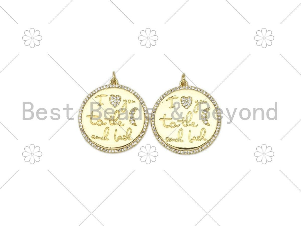 CZ Micro Pave Word Heart Moon on Round Coin Pendant/Charm, 18K Gold Filled Medallion Charm,Necklace Bracelet Pendant Charm,29x31mm,Sku#L608