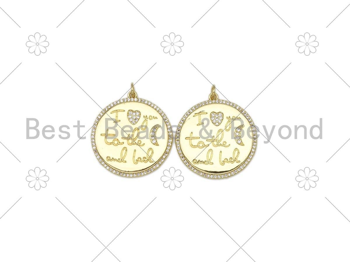 CZ Micro Pave Word Heart Moon on Round Coin Pendant/Charm, 18K Gold Filled Medallion Charm,Necklace Bracelet Pendant Charm,29x31mm,Sku#L608