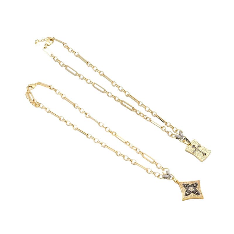 Gold Mixed Paperclip Link Chain Necklace with Flower/Cross Pendant,sku#EF322