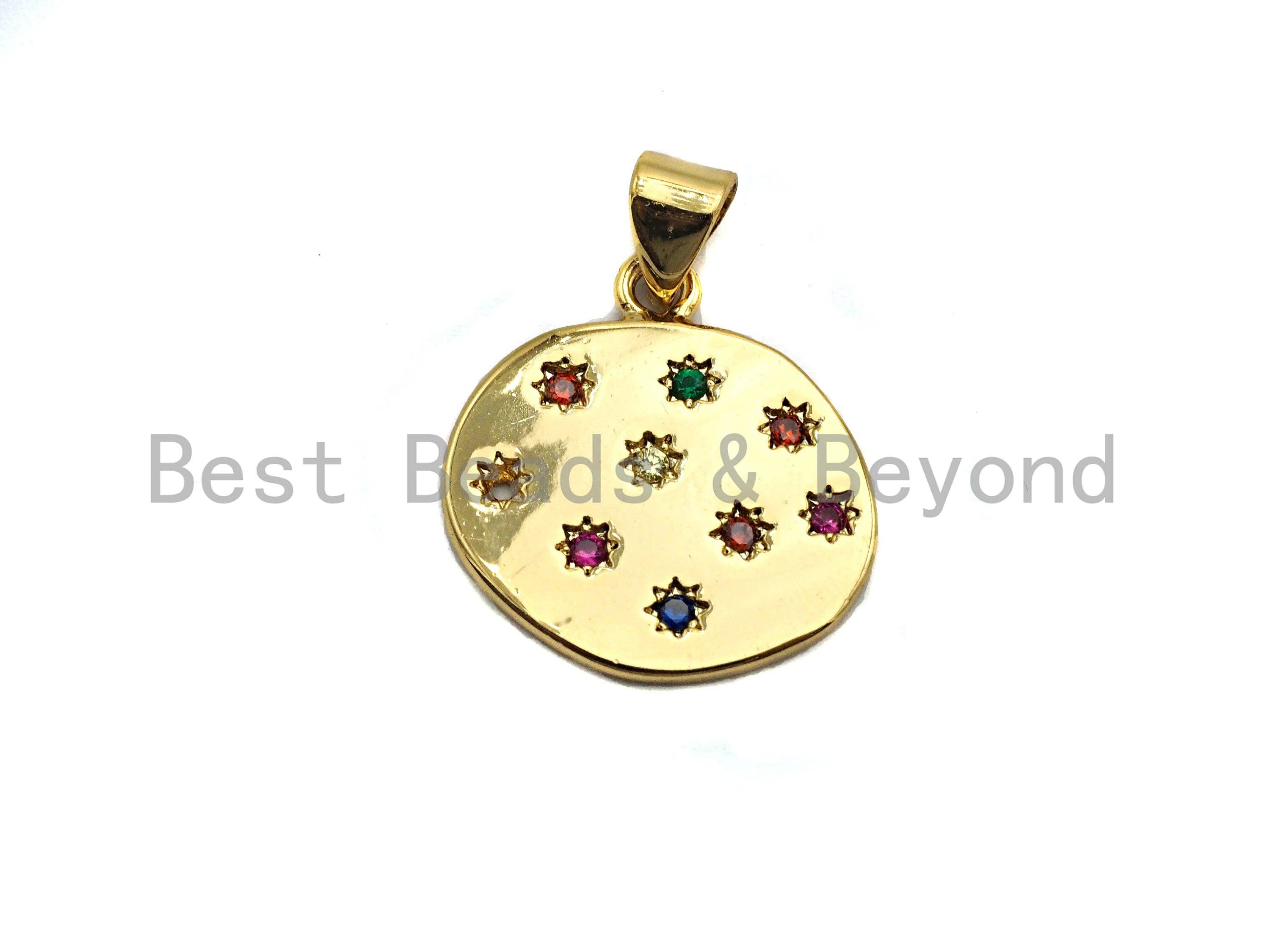 Colorful Star CZ Micro Pave Flat Round Pendant, CZ Pave Pendant, Gold/Rose Gold/Silver/Gunmetal plated, 35x50mm, Sku#F807