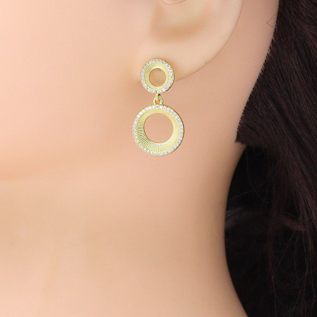 CZ Gold Double Circle Stud Earrings, Sku#LX832