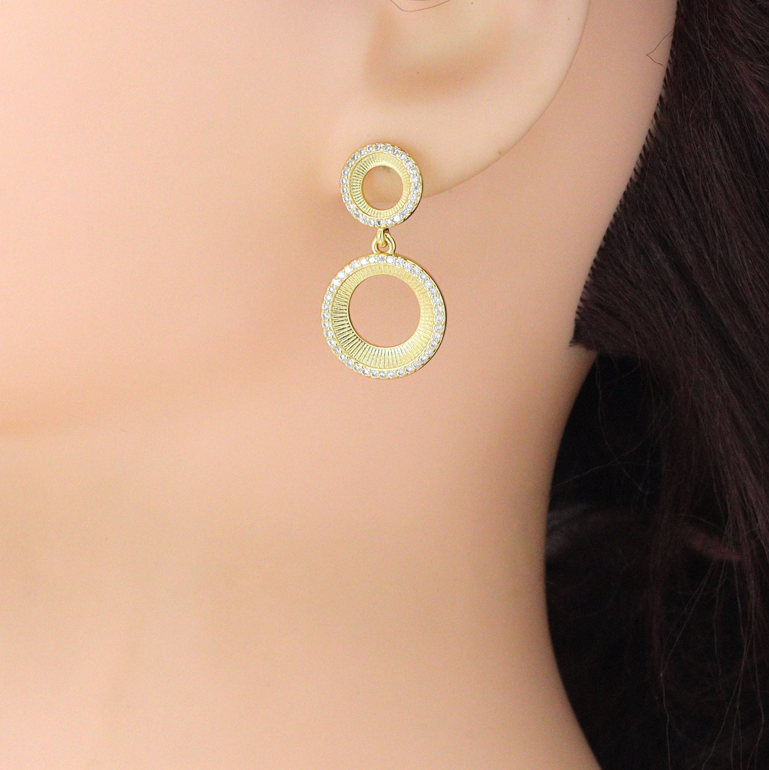 CZ Gold Double Circle Stud Earrings, Sku#LX832