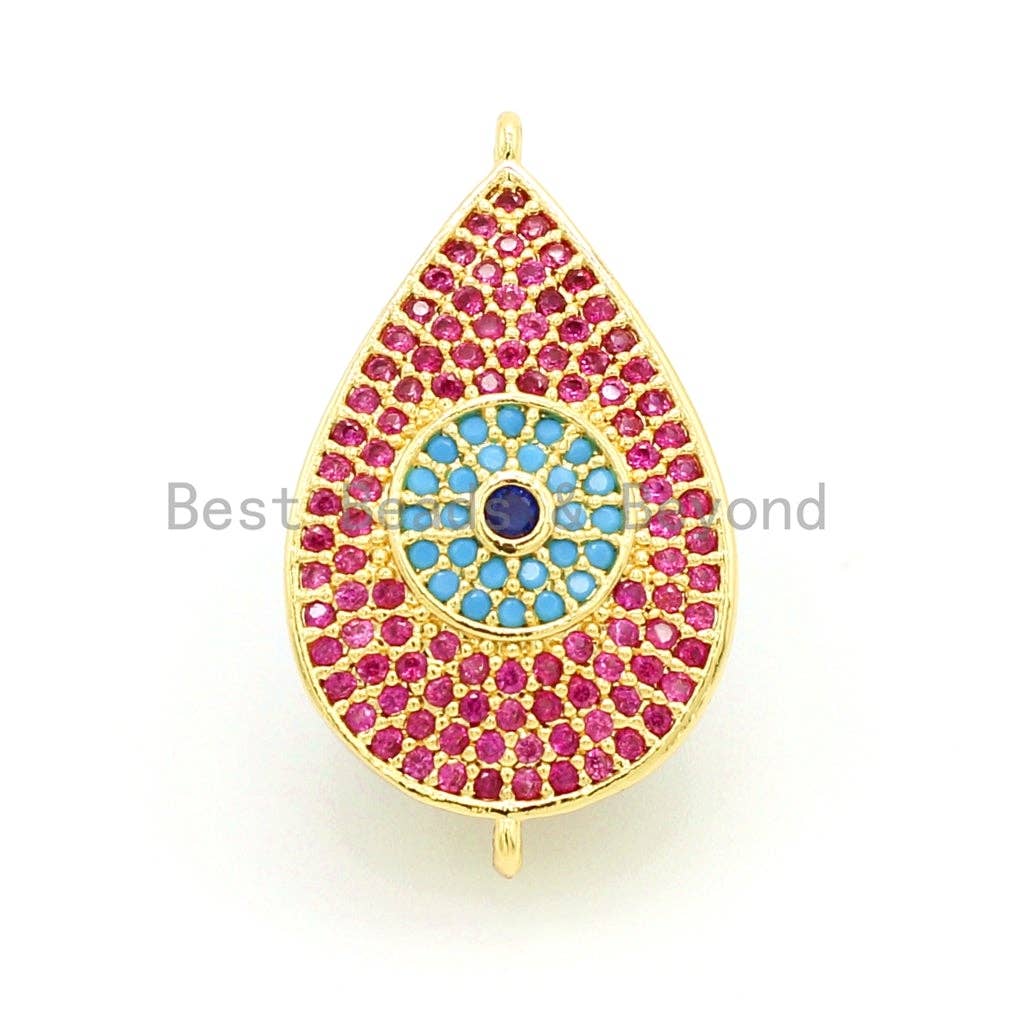 CZ Micro Pave Fuchsia Teardrop Connector with Turquoise Evil Eye for Bracelet/Necklace, Cubic Ziroconia Space Connector, 15x27mm,sku#E26C