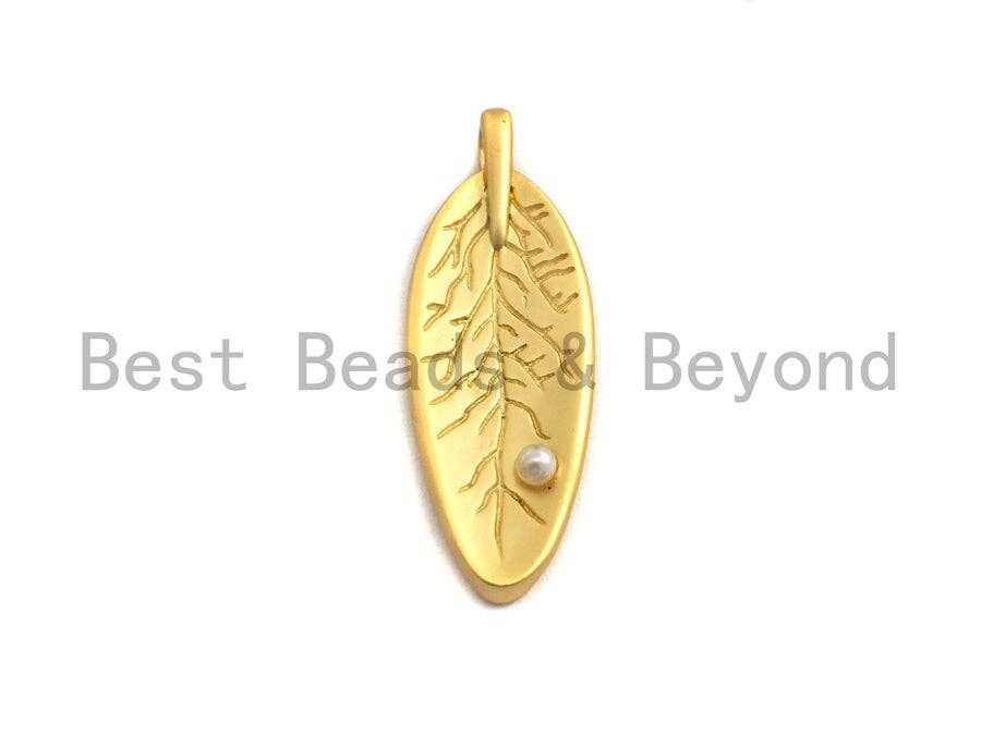 CZ Micro Pave Leaf With White Pearl Pendant,Cubic Zirconia Leaf Charm, Silver/Gold Pendant, 9x26mm, sku#Y215