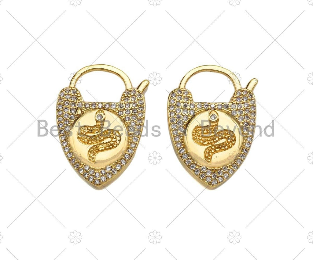 CZ Micro Pave Snake Padlock Heart Clasp Charms, Snake CZ On Padlock Clasp, Gold snake lock, Padlock Necklace Charms, 17x25mm, Sku#K163