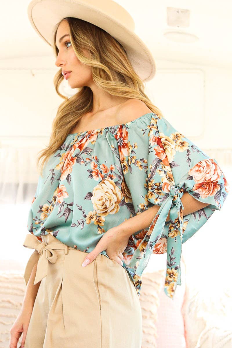 NATASHA - Floral Off The Shoulder Satin Blouse Top