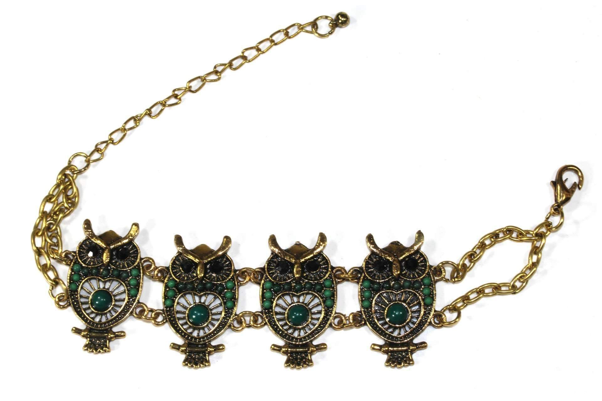 Handmade Gold Tone Owl Bracelet With Colorful Bead Drops