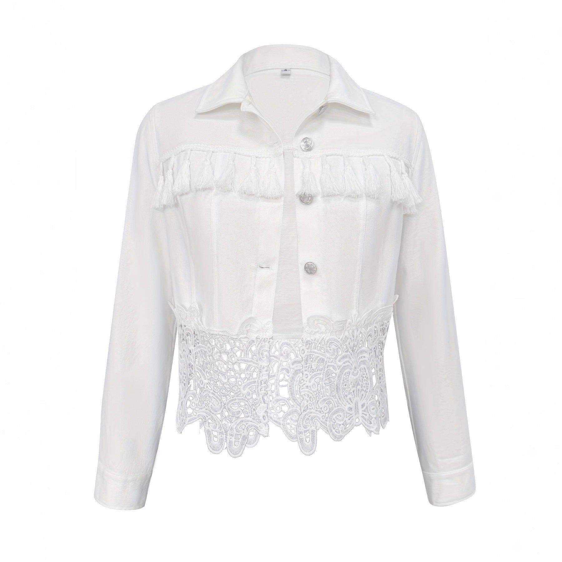 Womens Lapel Hem Hollow-Out Patchwork Tassel Coat