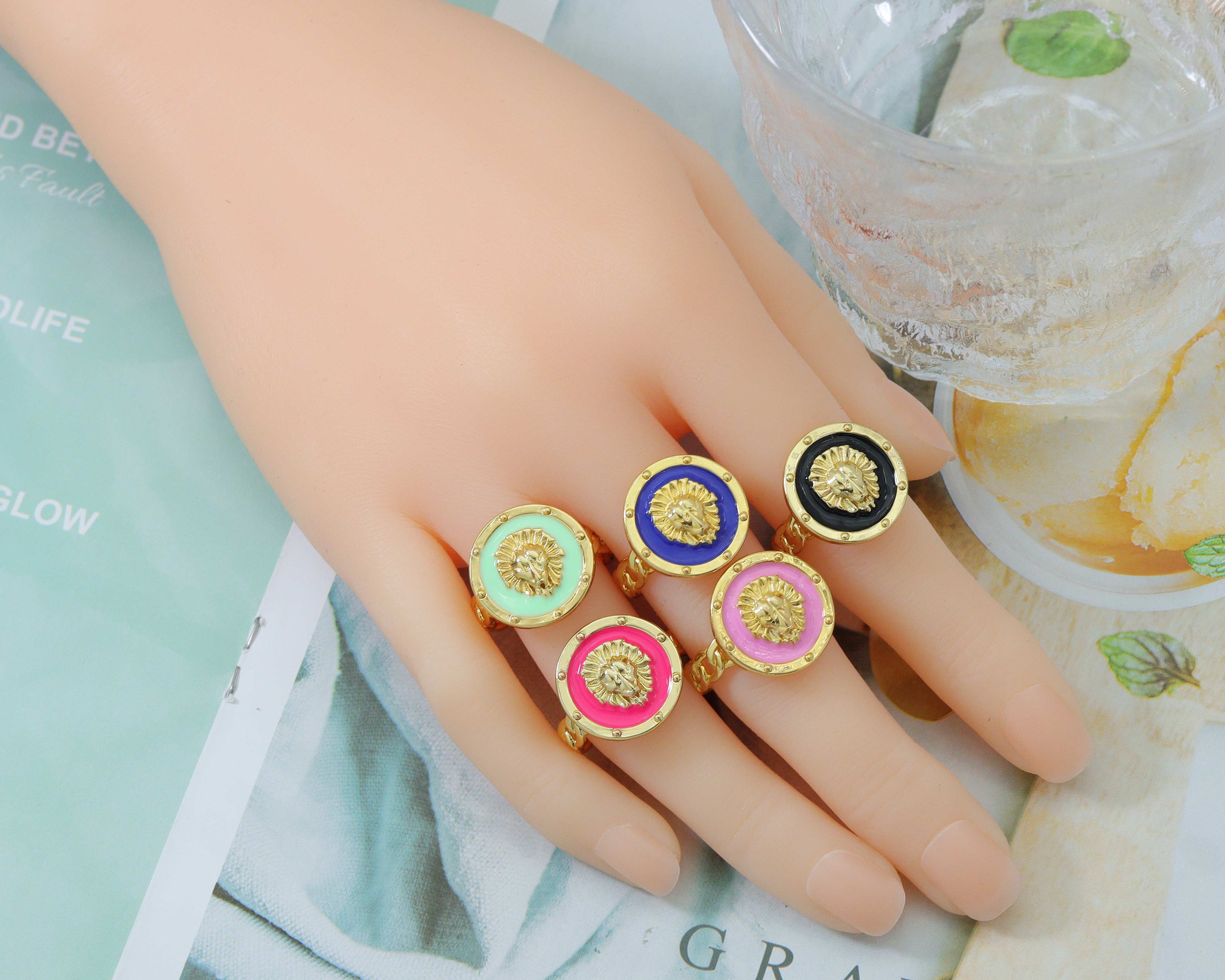 Enamel Lion Head Adjustable Ring, Sku#X297