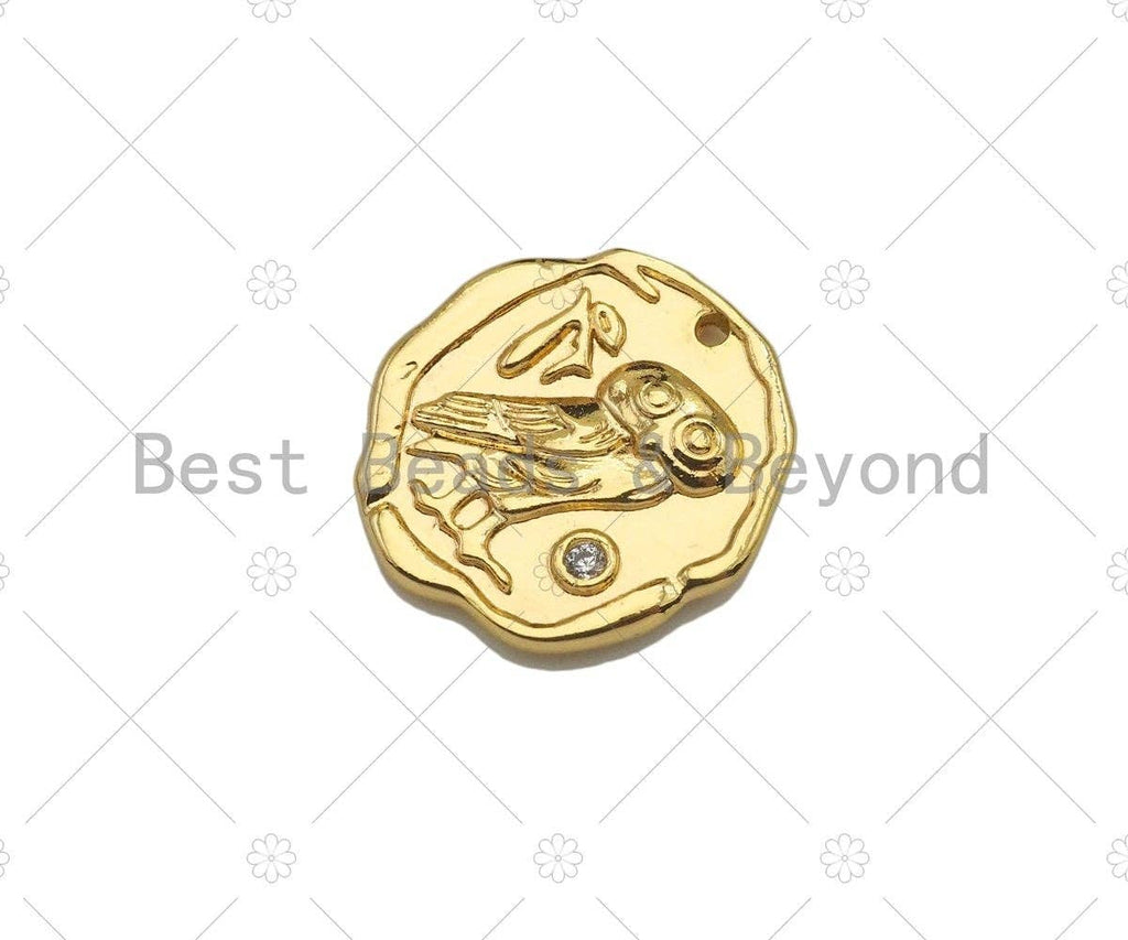 CZ Micro Pave Owl with Lady Head on the other Side Coin Shape Pendant,14K Gold Medallion Charm,Necklace Bracelet Charm,16x18mm,Sku#ZX02