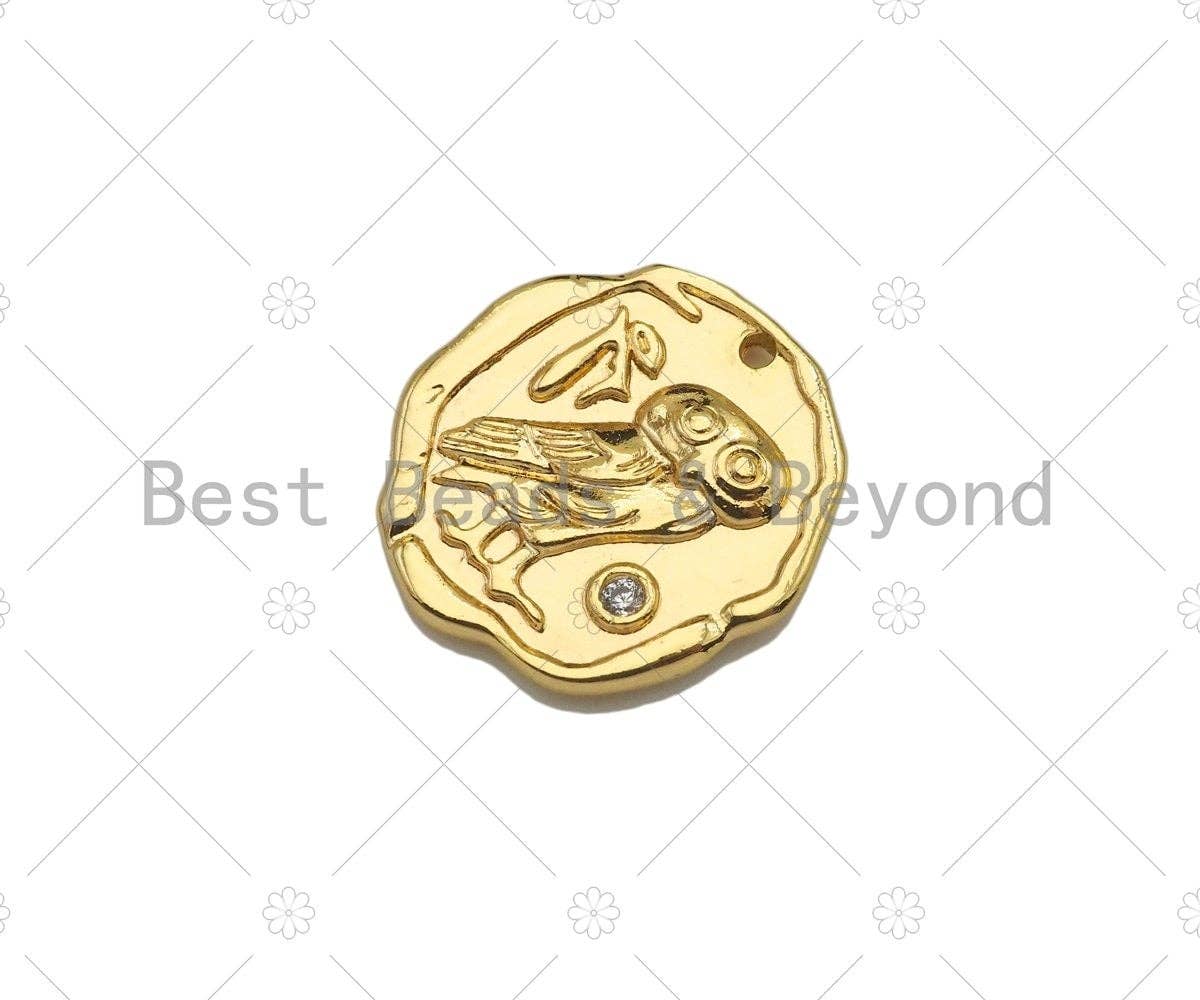 CZ Micro Pave Owl with Lady Head on the other Side Coin Shape Pendant,14K Gold Medallion Charm,Necklace Bracelet Charm,16x18mm,Sku#ZX02