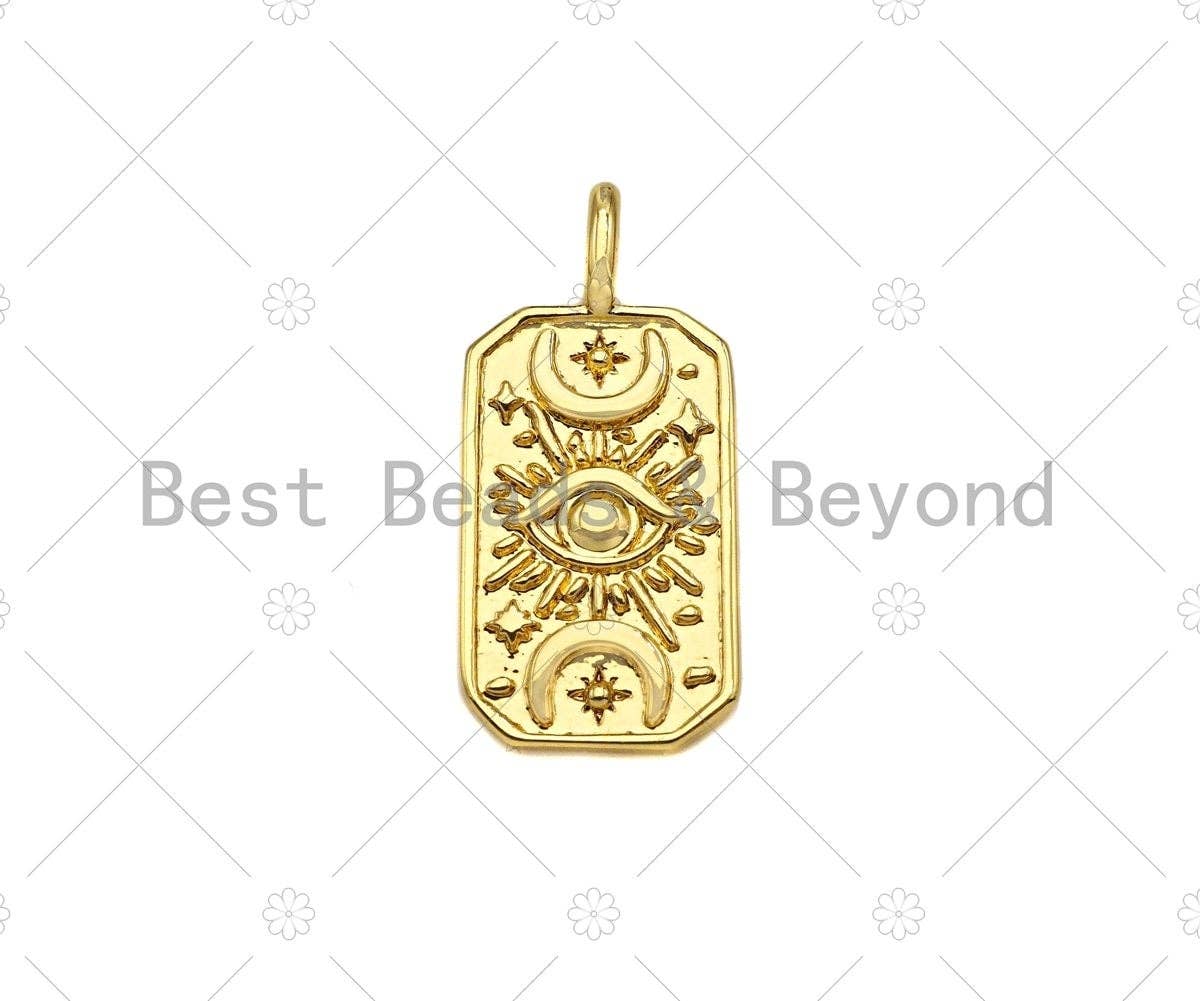 18K Gold Evil Eye Moon On Rectangle Shape Pendant, Gold Medallion Charm, Necklace Bracelet Charm Pendant,12x26mm,Sku#Z1324