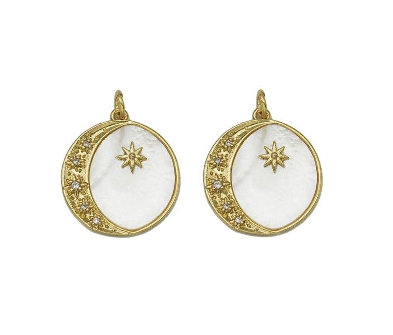 Gold CZ Cresent Moon North Star ON Round MOP Charm, Sku#Z1459C