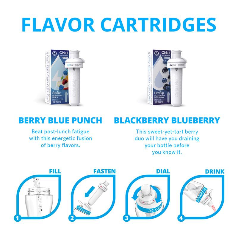 Cirkul 32Oz. Periwinkle Stainless Steel Water Bottle Starter Kit with Blue Lid, 2 Flavor Cartridges (1 Lifesip Blackberry Blueberry and 1 Gosip Berry Blue Punch), Zero Calories and No Sugar