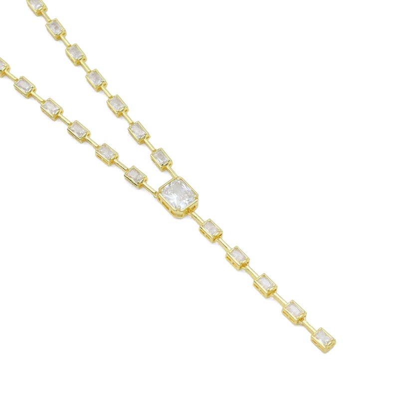 Rectangle CZ Gold Silver Y Shape Chain Necklace, Sku#A350